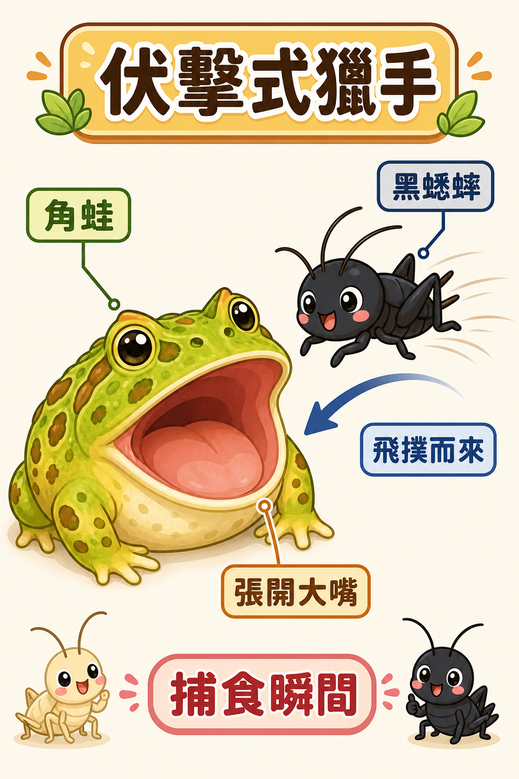 角蛙張開大嘴準備吞食飛撲而來的黑蟋蟀，展現伏擊型獵手的捕食瞬間