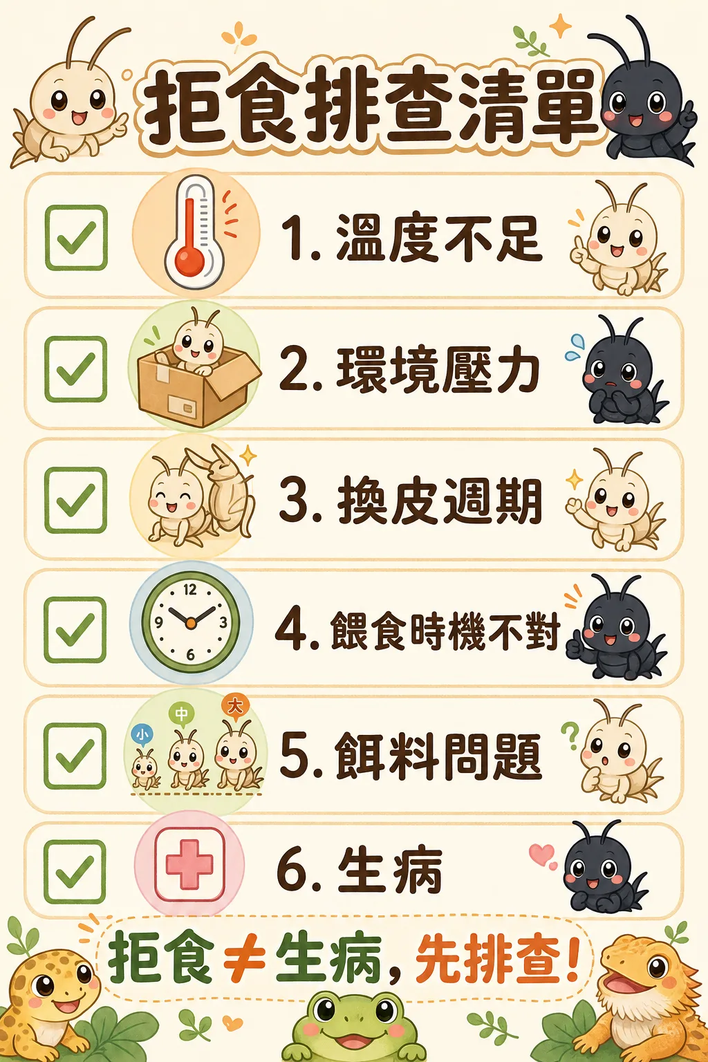 拒食很常見，但通常都有原因：守宮、青蛙、鬍子龍面對各式各樣的蟋蟀，有的肯吃、有的不碰，這張圖提醒你拒食不等於生病，先一步步排查才是正確方向。