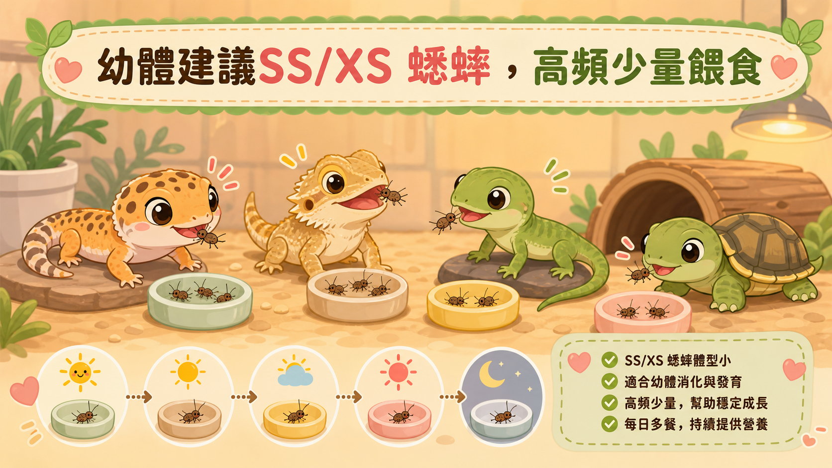 爬蟲幼體期投餵蟋蟀特別注意：體型比例、頻率與拒食處理