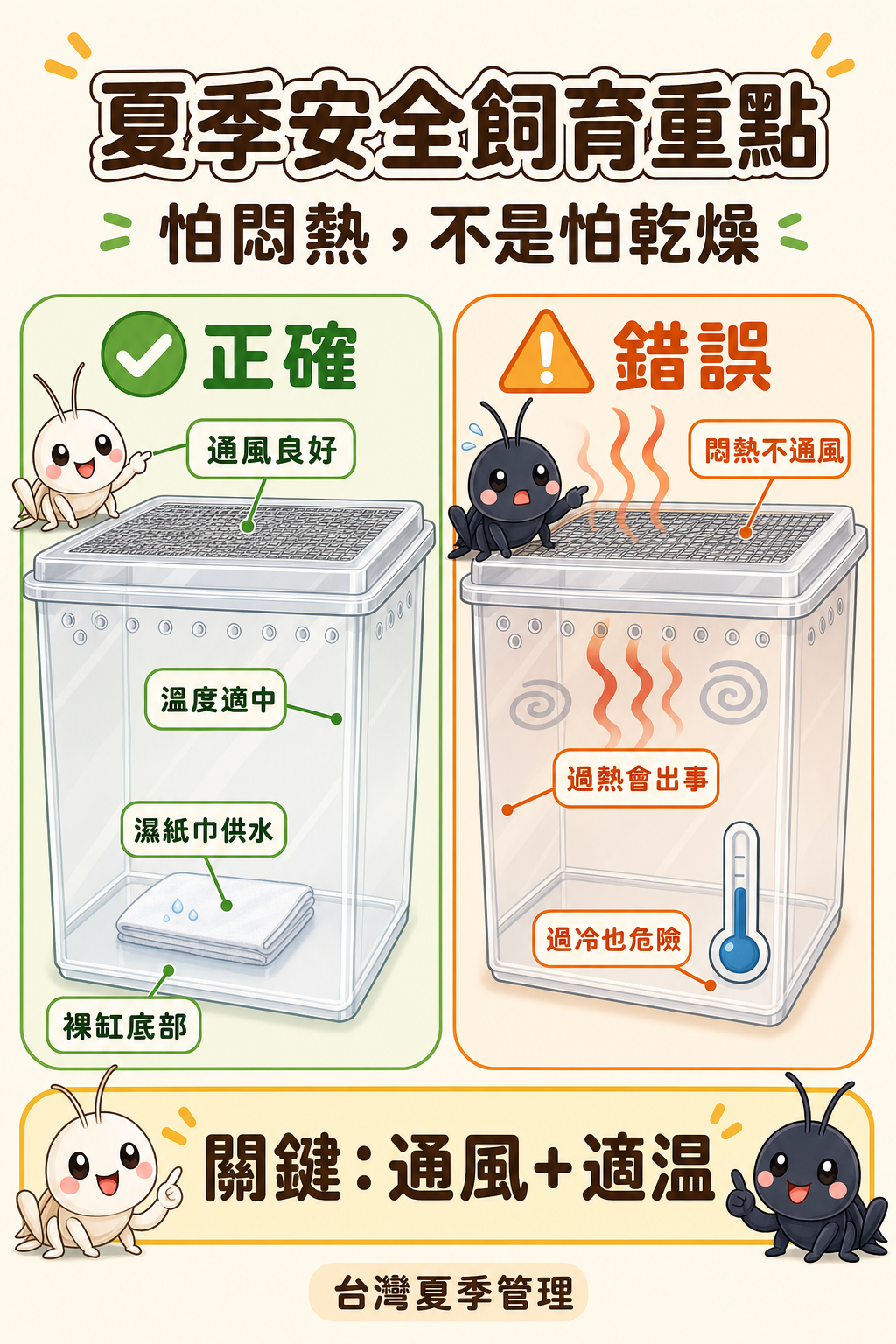 台灣夏季最怕的是悶熱，不是乾燥：通風良好、溫度適中才是安全飼育的關鍵，過熱和過冷都會出事