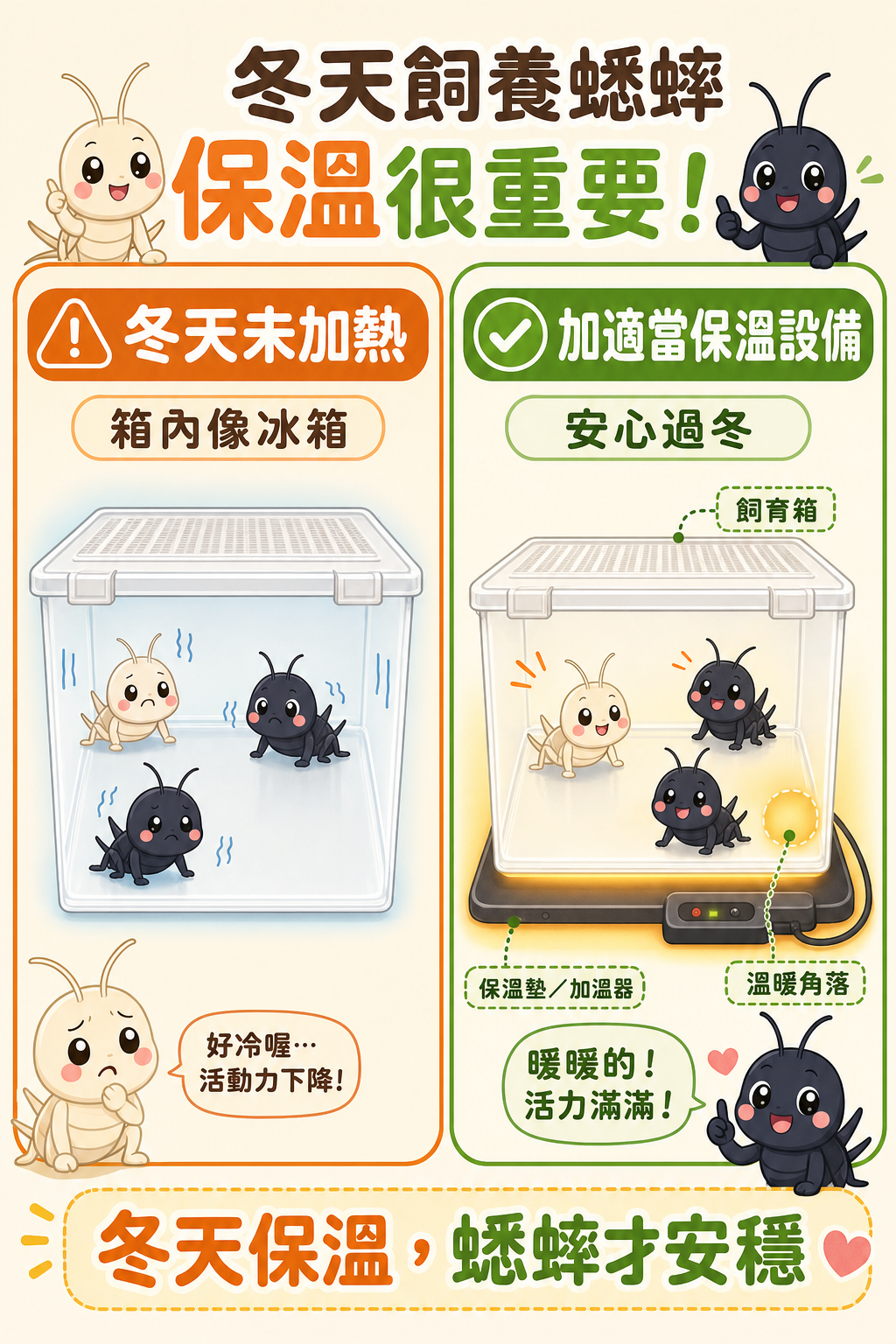 冬天沒加熱的飼育箱對蟋蟀來說跟冰箱差不多：加了適當保溫設備才能讓蟋蟀安然過冬