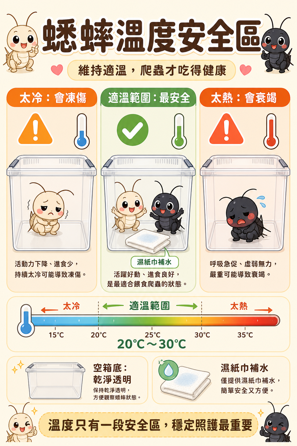 蟋蟀的溫度安全區只有一段：太冷會凍，太熱會衰竭，維持在適溫範圍才能讓爬蟲寵物也吃得健康