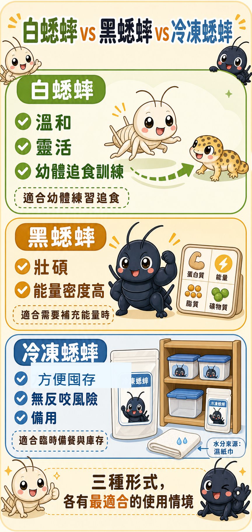 白蟋蟀偏室內溫和、黑蟋蟀偏戶外強健;活餌適合追食訓練,冷凍蟋蟀方便囤存備用,兩種形式各有適合的使用情境。