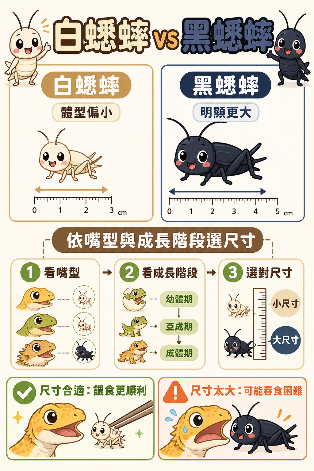 兩種蟋蟀各有大小尺寸可挑:白蟋蟀體型偏小、黑蟋蟀明顯更大,依照你家爬蟲的嘴型和成長階段選對尺寸,才不會造成吞食困難。