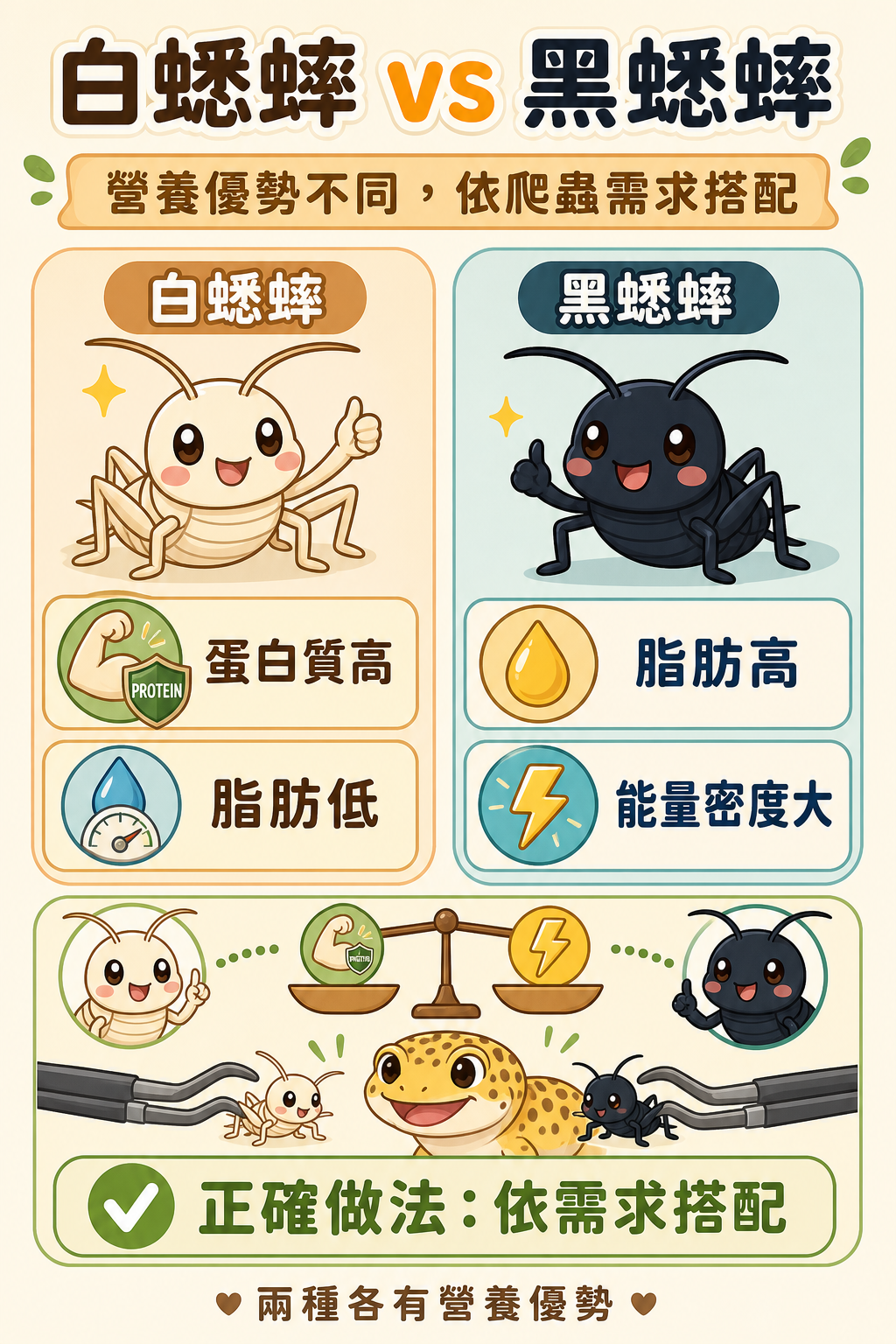 白蟋蟀蛋白質高、脂肪低;黑蟋蟀脂肪高、能量密度大,兩種各有營養優勢,依爬蟲需求搭配才是正確做法。