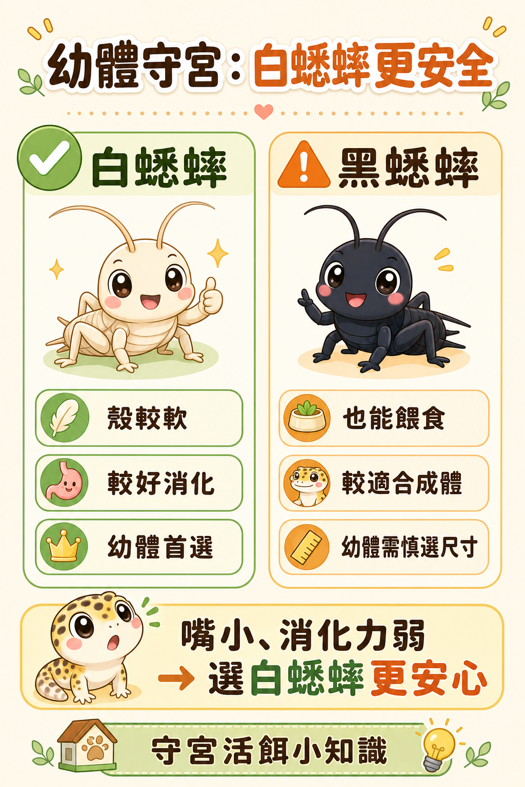 白蟋蟀和黑蟋蟀都能用來餵守宮,但幼體守宮嘴小、消化力弱,這時選白蟋蟀會更安全。