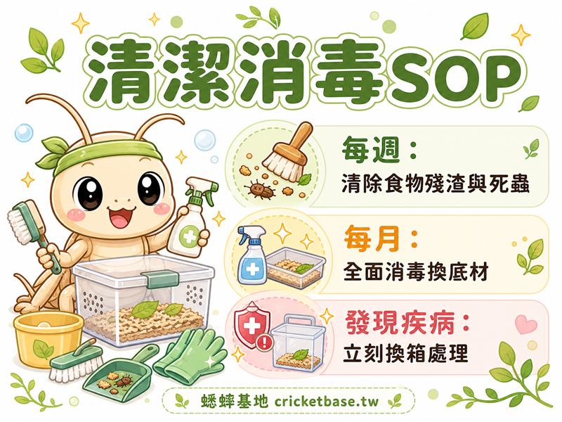 蟋蟀箱清潔 SOP：多久清一次、怎麼消毒、如何防止疾病復發