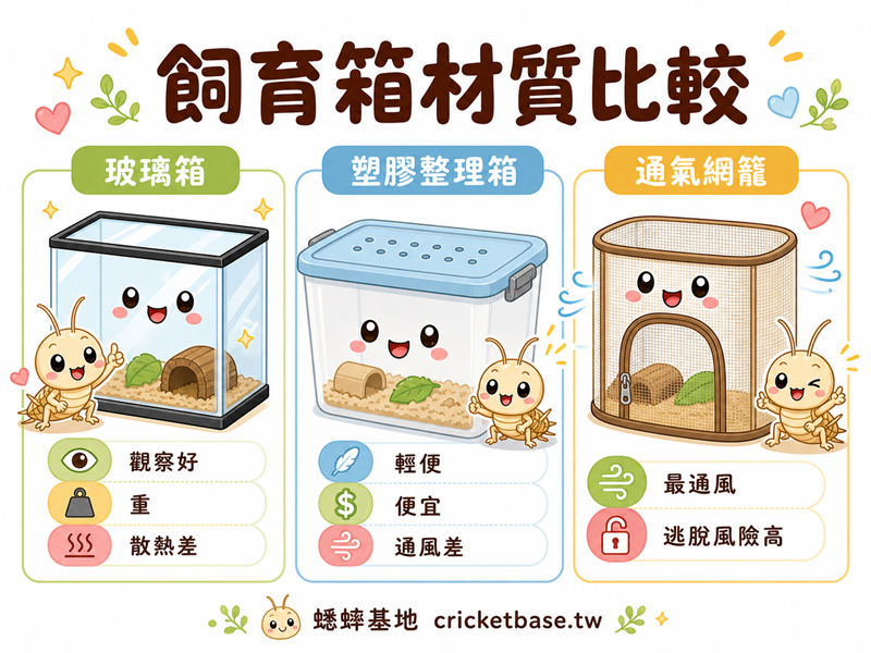 蟋蟀飼育箱材質比較：玻璃箱、塑膠整理箱、通氣網籠的優缺點